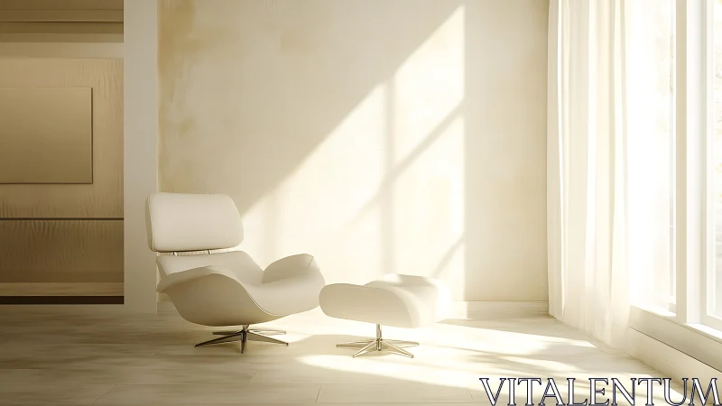 Modern lounge chair occupies sunlit minimal interior corner