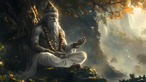 Serene forest sage in meditation beside misty waterfalls.