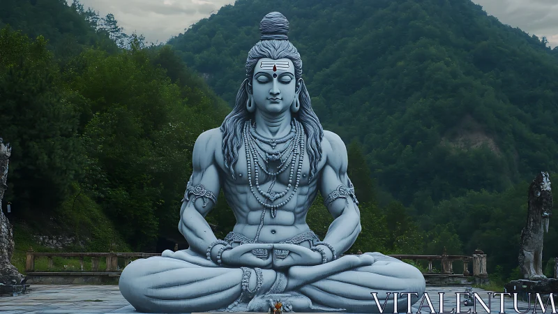 Monumental Shiva statue in meditative asana amid forested hills