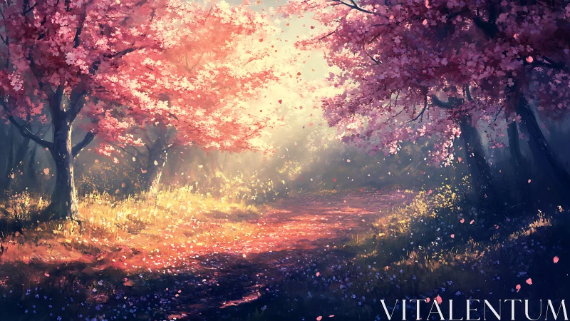 Vibrant spring forest path under glowing diffused backlight