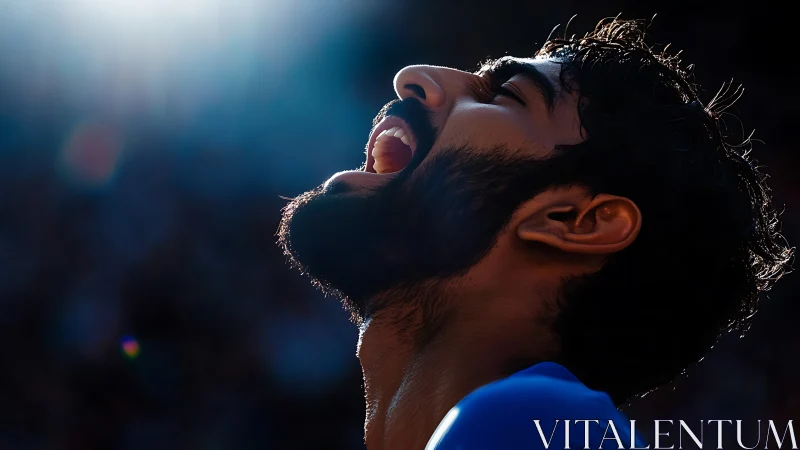 Backlit athlete celebrating with dramatic stadium flare.