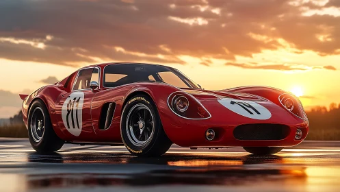 Vintage red race car rendered in cinematic golden sunset light.