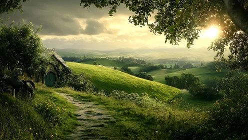 Sunlit hillside cottage and winding path to quiet green valleys.