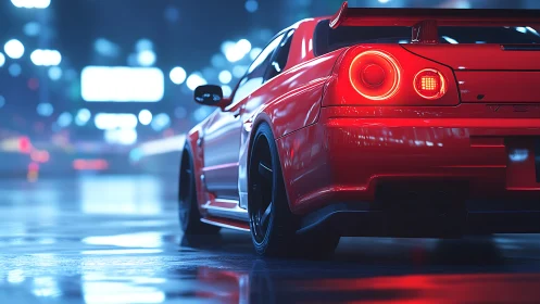 Rear-quarter neon-lit street racer under wet urban bokeh.