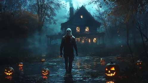 Spooky masked wanderer crossing a glowing jack o’ lantern swamp.