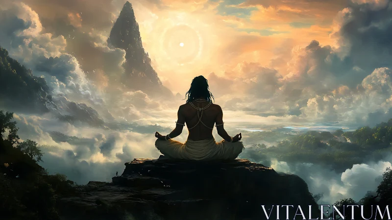 Mystic yogi meditates above clouds before radiant sun portal.