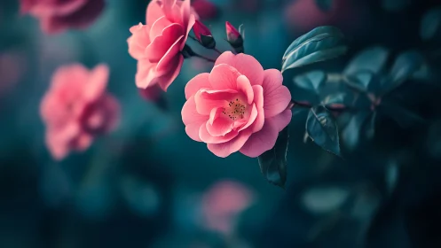 Blushing Blooms Dance Through Twilight's Teal Embrace