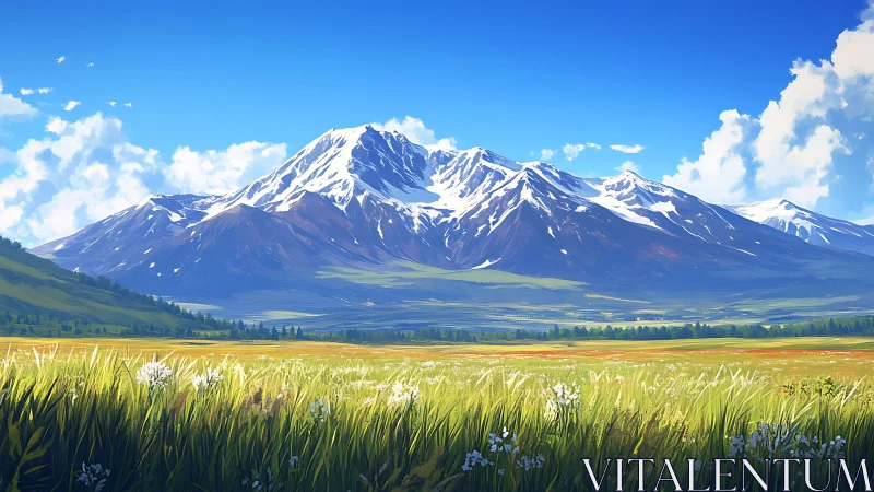 Snowcapped mountain range behind open summer grassland plain.