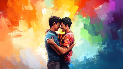 Two Souls Embrace in Rainbow Fire—Luminous Connection.