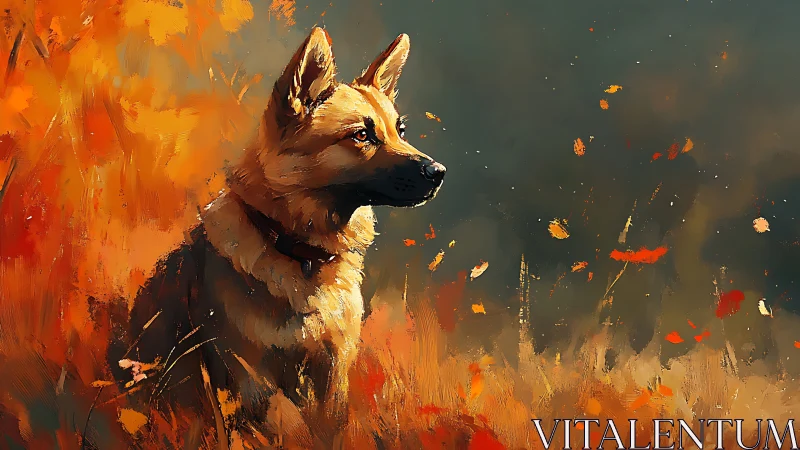 Autumn sentry dog gazes through swirling ember leaves.