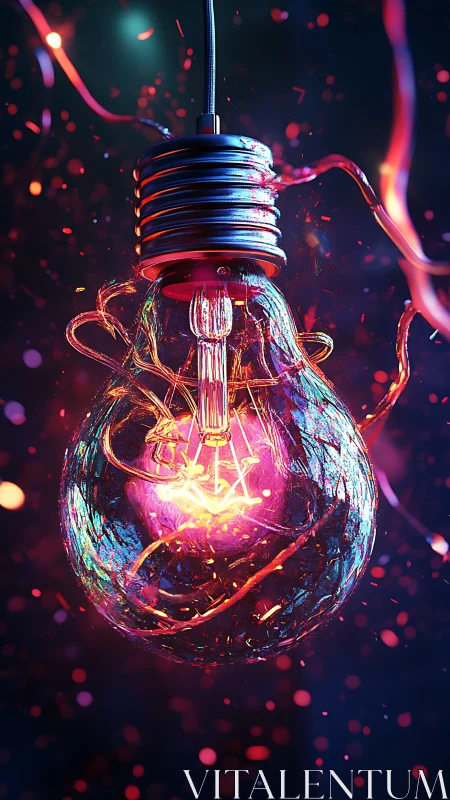 Neon-charged glass light bulb glows amid floating cyber sparks