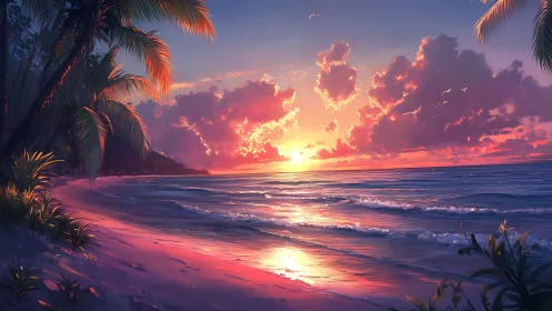 Digital painting sunset seascape with luminous tropical shoreline.