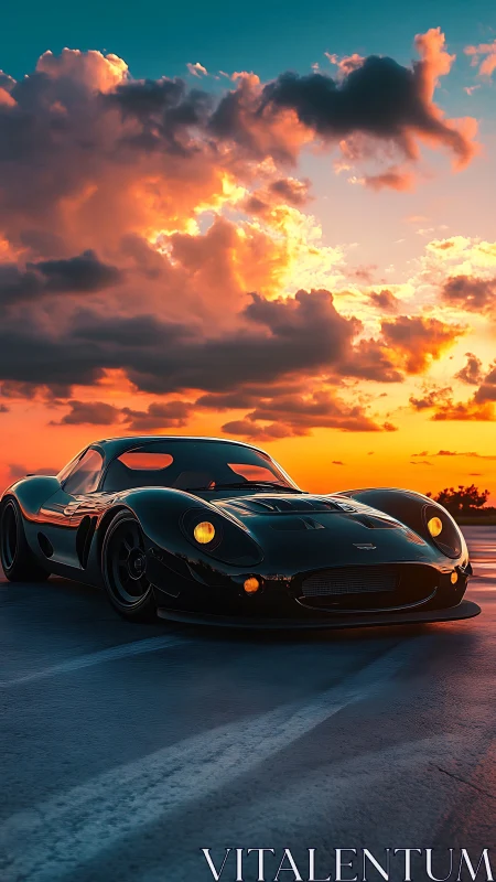 Black sports coupe on empty asphalt at vivid sunset.