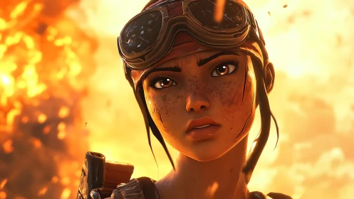 Fierce freckled adventurer framed by blazing golden skies.