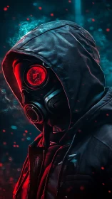 Hooded figure in gas mask under red and blue lighting.