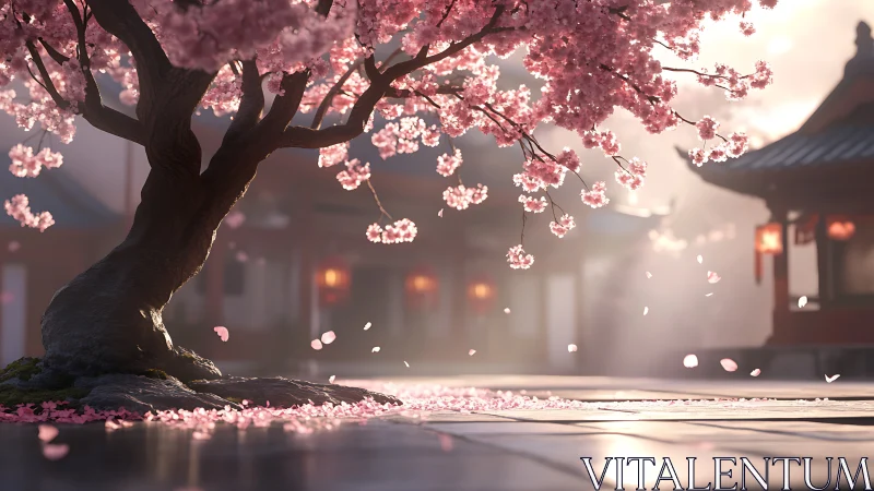 Blossom-laden sakura dreams over tranquil temple courtyard.