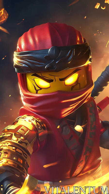 Lego-style red ninja minifigure with glowing eyes attacks