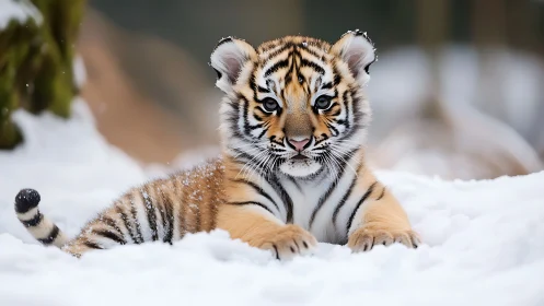 Snow-kissed tiger cub lounging in a quiet winter dream.