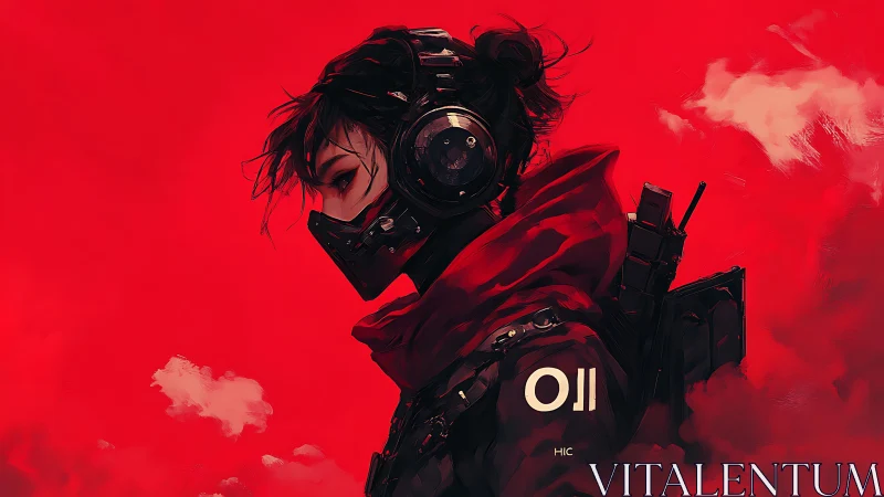Red-cloaked tactical operative with headset mask in crimson haze