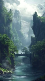 Mountain river gorge with stone bridge under misty sky