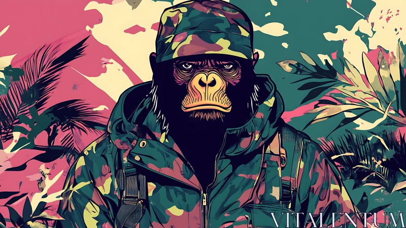 Camouflage-clad gorilla soldier amid neon jungle chaos.