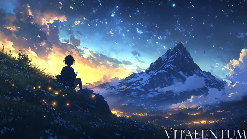 Anime nightscape with silhouetted figure and starlit mountain vista.