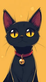Illustration of Black Cat with Yellow Eyes and Red Collar.