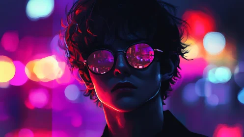 Neon city dreamer with midnight glasses and electric glare.