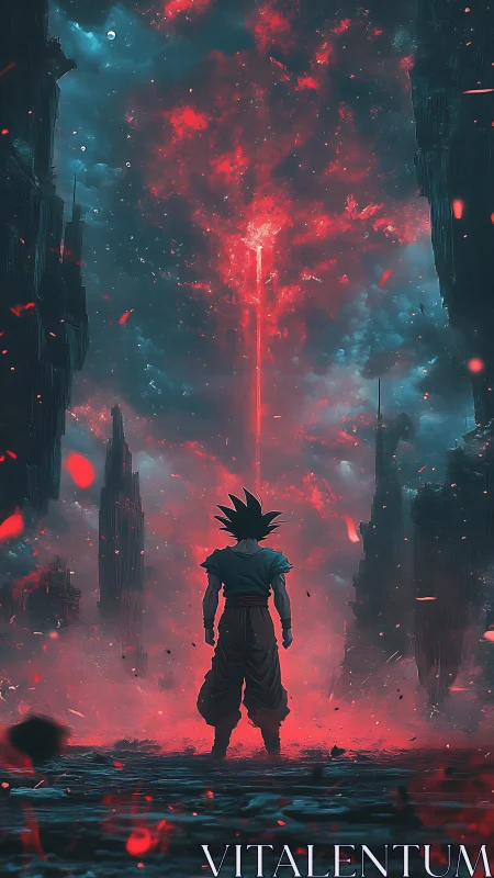 Lone warrior confronts cosmic red rift in shattered cityscape.