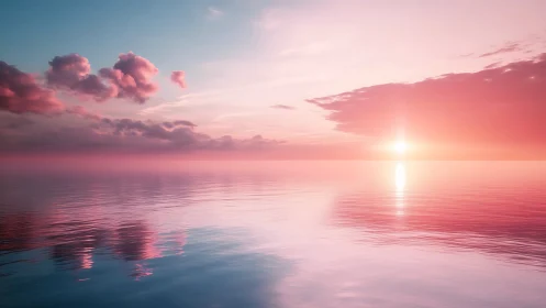 Radiometric sunset over specular ocean with pink cloudfields.