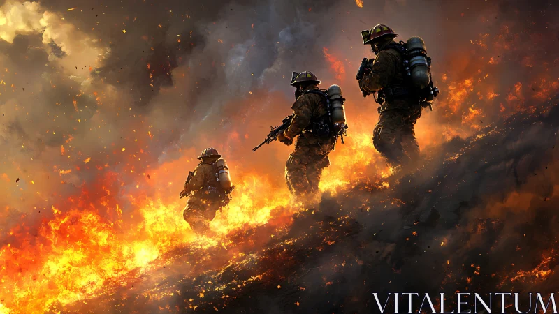 Military personnel advancing through intense flames and smoke.