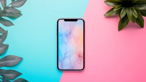 Smartphone displaying watercolor wallpaper on split-color background