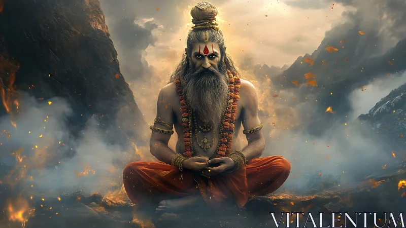 Intense meditating sage amid fiery mystical mountains.
