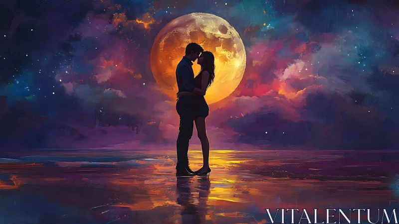 Silhouetted couple embracing against large glowing moon