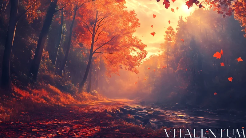 Forest pathway during autumn with warm lighting conditions and atmospheric haze.