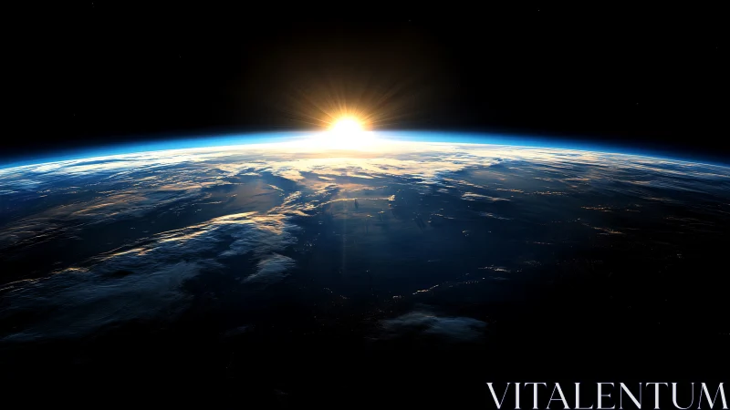 Orbital sunrise over Earth with radiant atmospheric glow.