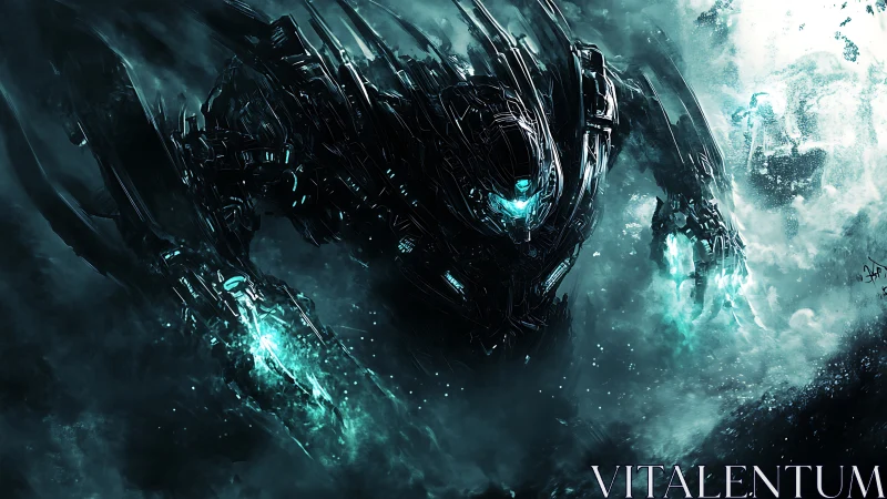 Abyssal mech titan emerges through teal storm fog.