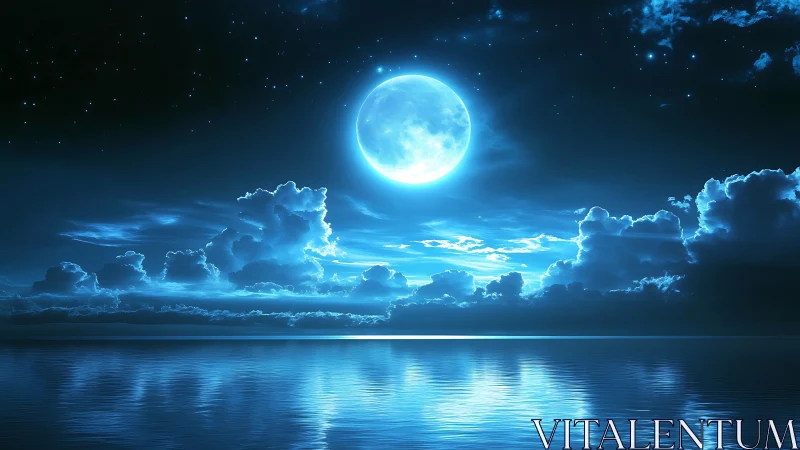 Moonlit ocean hush under electric sapphire clouds at rest.