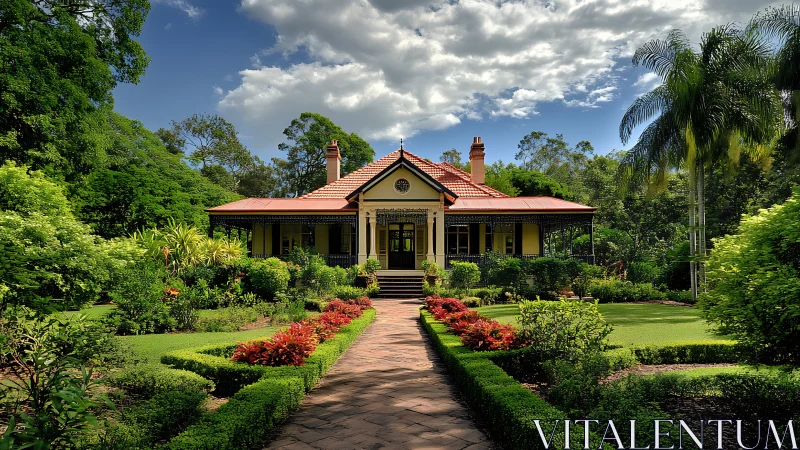 Sunlit villa nestles in lush formal gardens under bright skies.