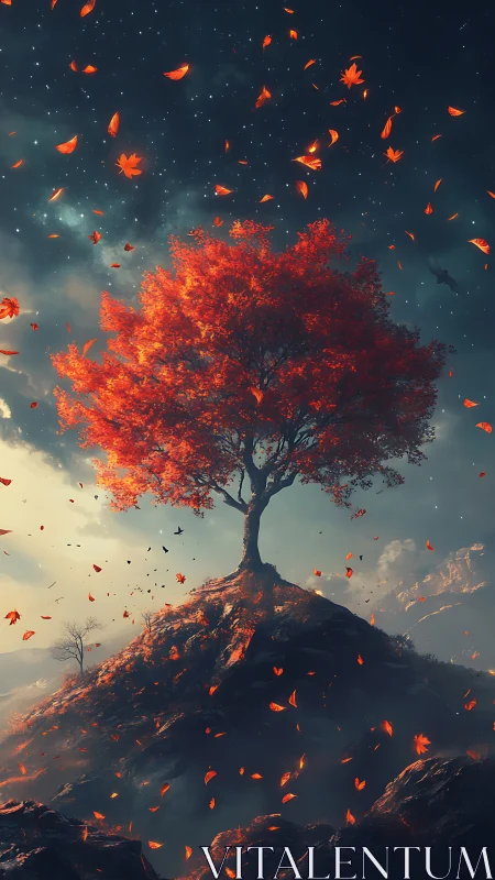 Solitary red tree stands on rocky hill under star field