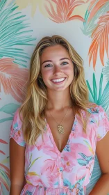 Smiling woman against pastel tropical backdrop uses vibrant color blocking