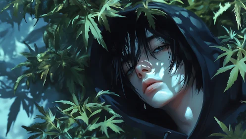 Hooded youth in dappled foliage with cinematic rim lighting.