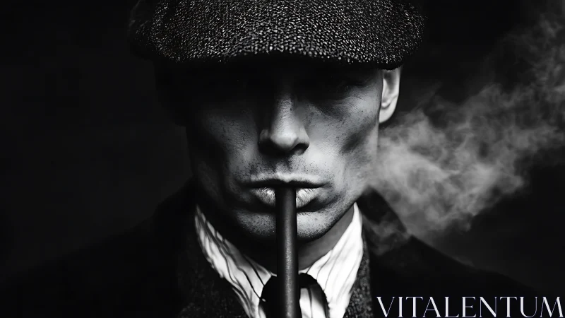 Moody noir portrait with smoldering cigar smoke rising