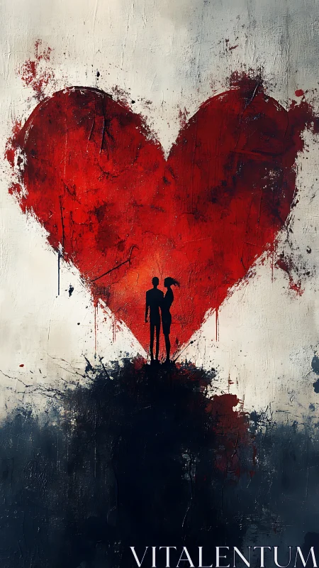 Solitary figure confronts crimson heart in graffiti-stained reverie