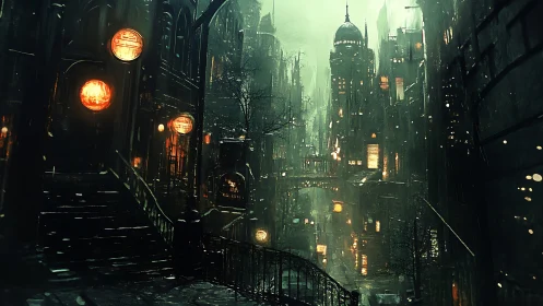 Nocturnal steampunk megacity under corrosive emerald haze.