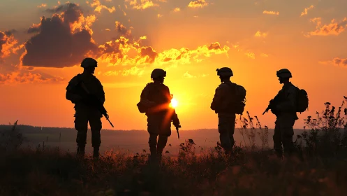 Silhouetted soldiers stand in formation against low sunset