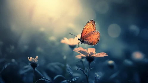 Backlit orange butterfly on flower under soft bokeh glow