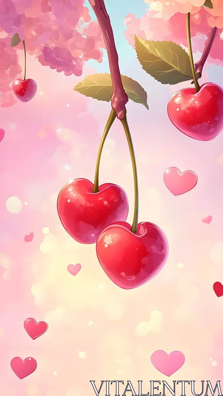 Heart-Shaped Cherries Hanging Against Pink Floral Background.