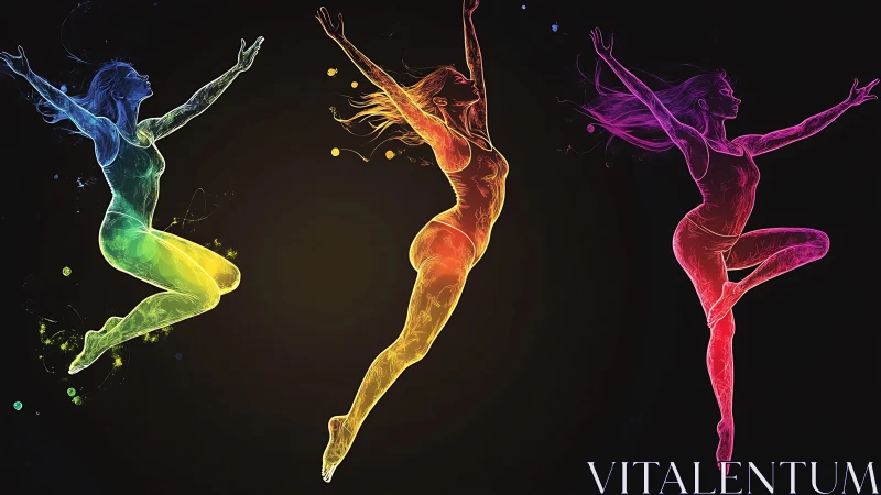 Three Vibrant Dancers in Motion, Neon Silhouette Art Style.