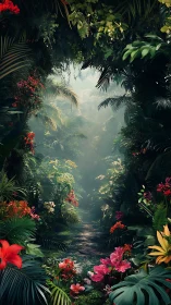 Dense tropical jungle path with volumetric mist and saturated flora
